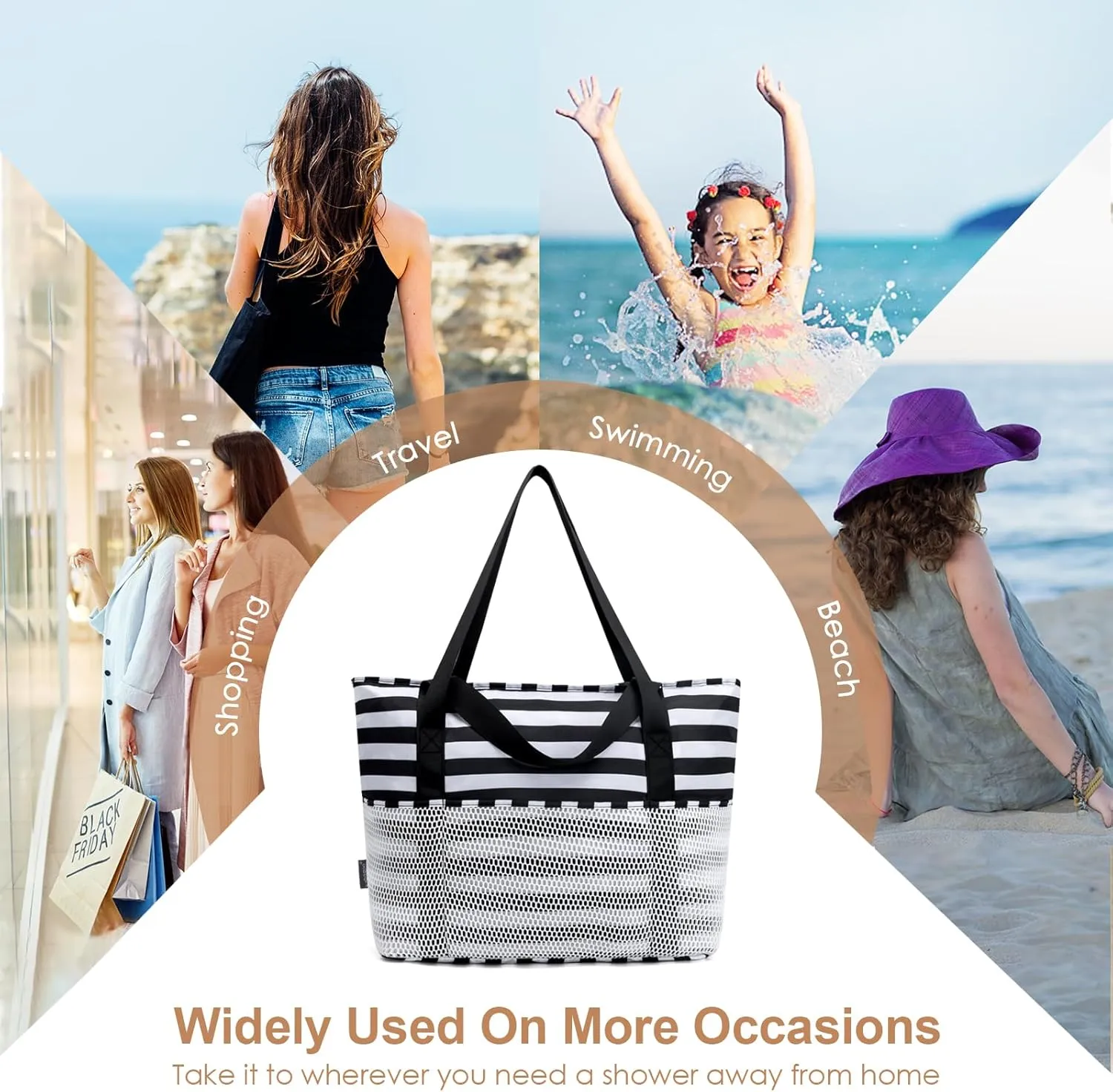 KABAQOO Large Beach Bag Waterproof Sandproof Tote Bag for Women with Zipper & Mesh Pockets for Pool Swim Travel Everyday