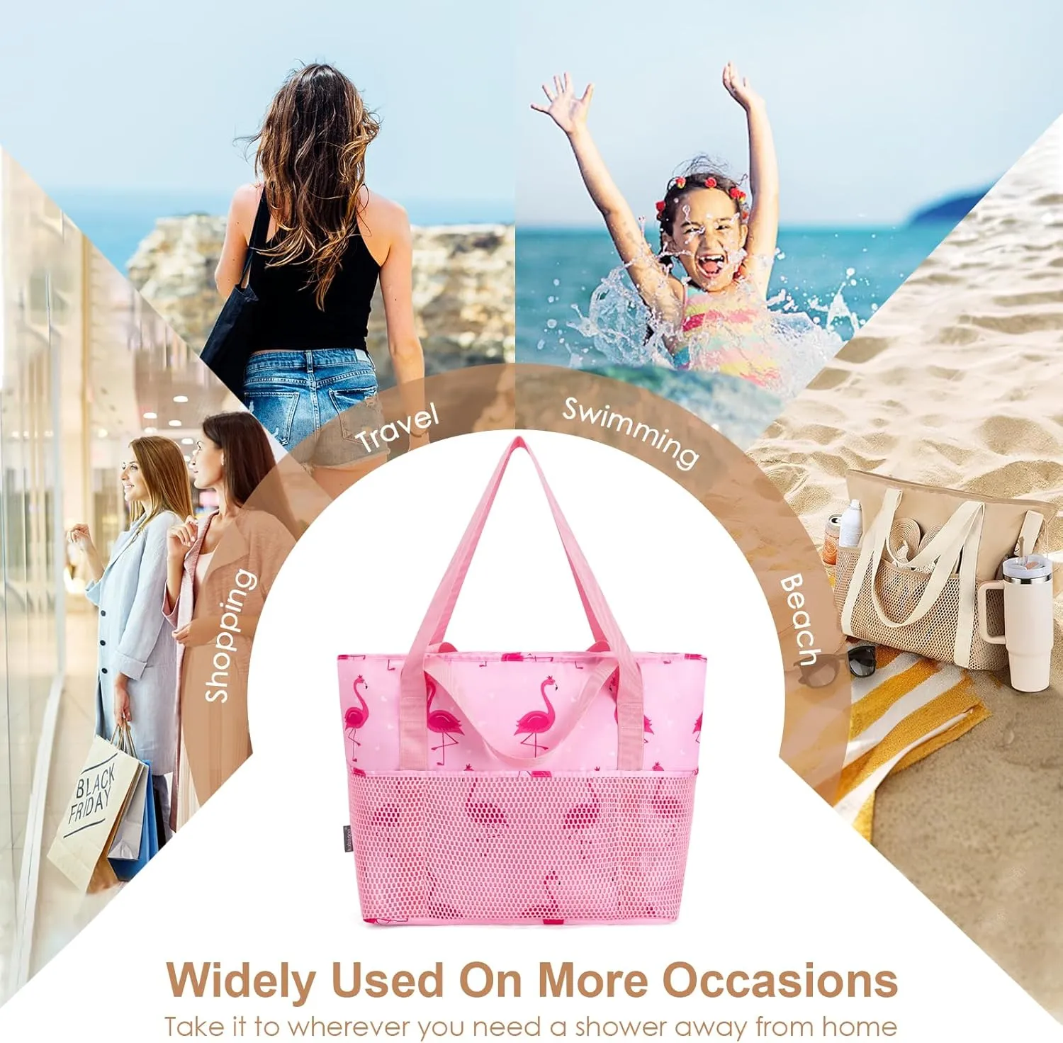 KABAQOO Large Beach Bag Waterproof Sandproof Tote Bag for Women with Zipper & Mesh Pockets for Pool Swim Travel Everyday