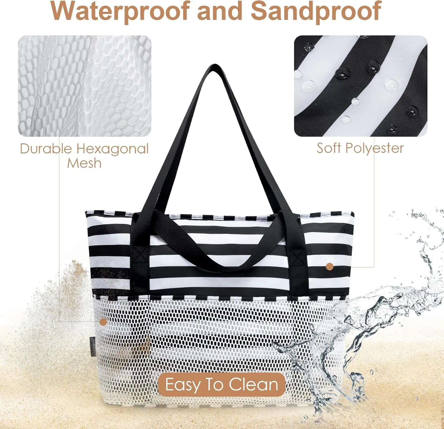 KABAQOO Large Beach Bag Waterproof Sandproof Tote Bag for Women with Zipper & Mesh Pockets for Pool Swim Travel Everyday