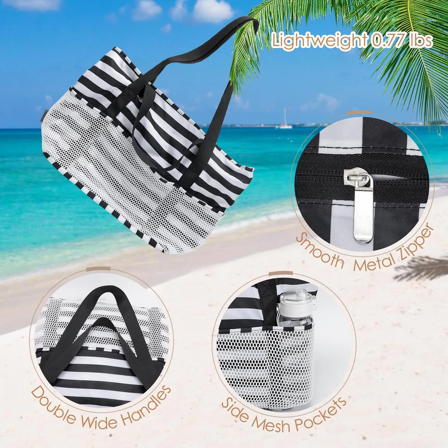 KABAQOO Large Beach Bag Waterproof Sandproof Tote Bag for Women with Zipper & Mesh Pockets for Pool Swim Travel Everyday