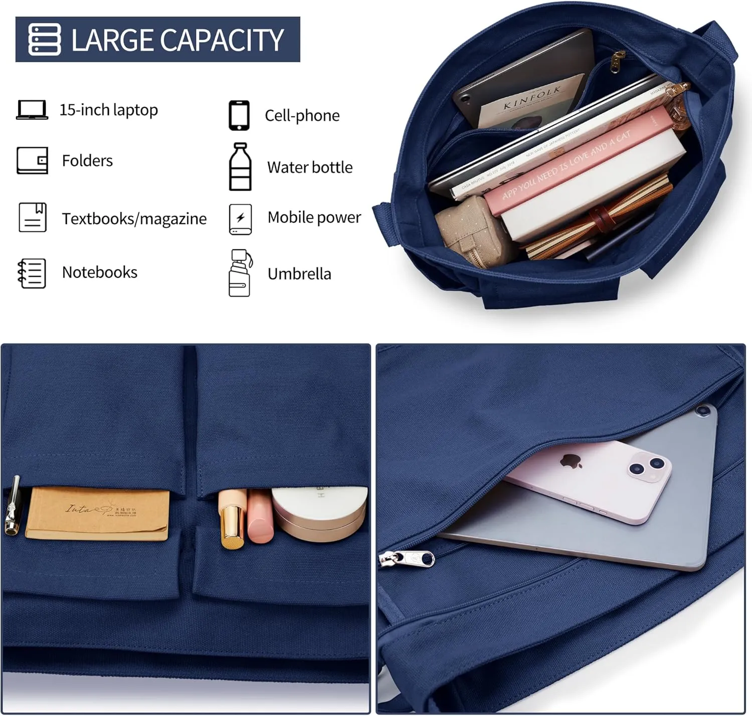 KALIDI Canvas Tote Bag Messenger Bag, Large Crossbody Bag for Women or Men, Casual Canvas Shoulder Bag for College Work Daily