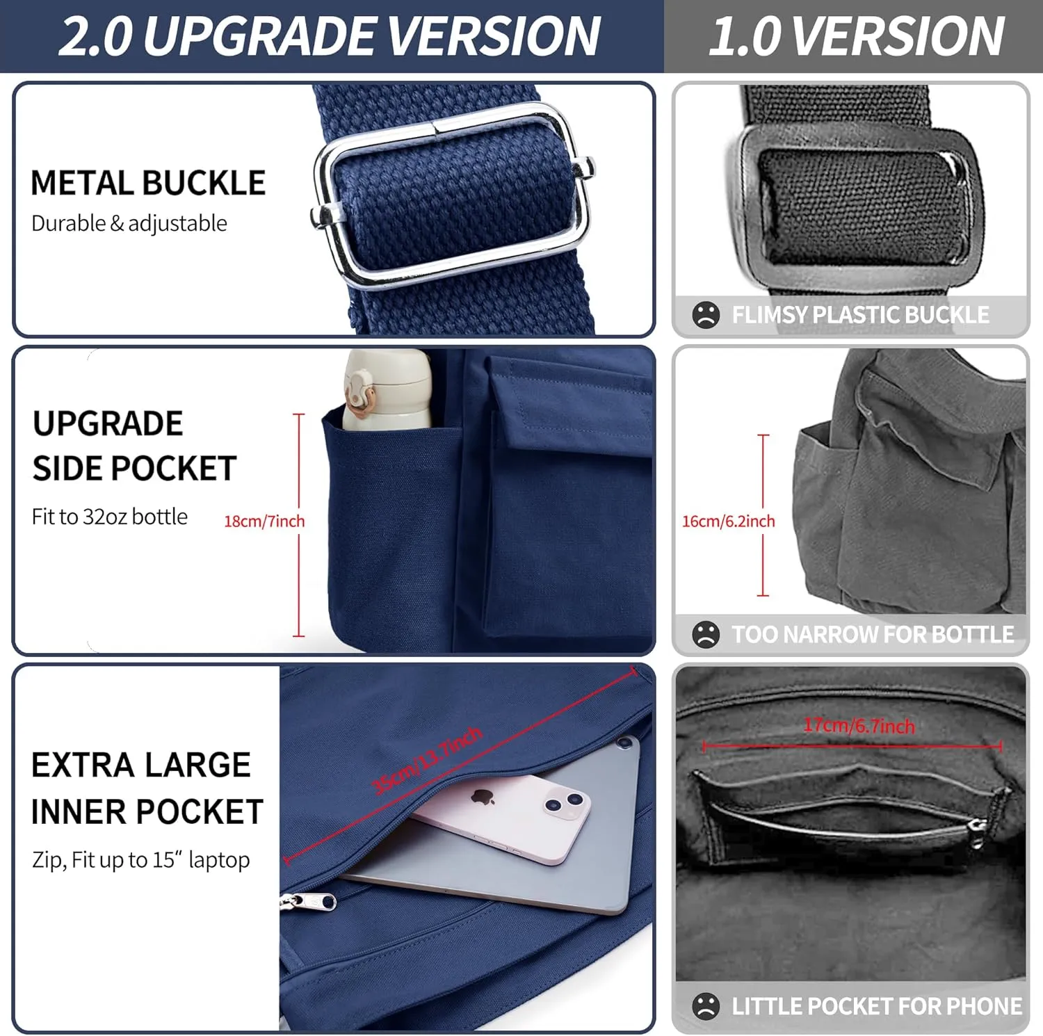 KALIDI Canvas Tote Bag Messenger Bag, Large Crossbody Bag for Women or Men, Casual Canvas Shoulder Bag for College Work Daily