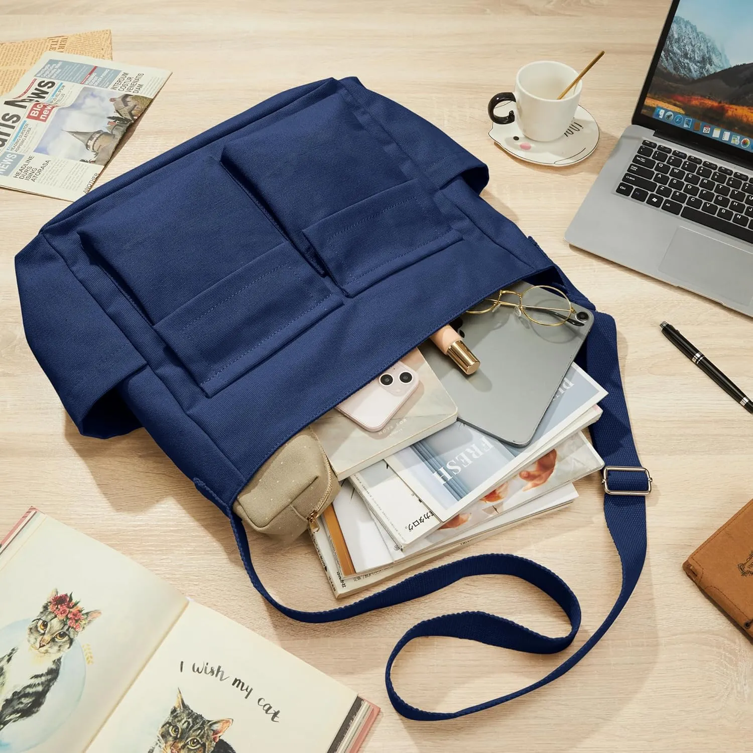 KALIDI Canvas Tote Bag Messenger Bag, Large Crossbody Bag for Women or Men, Casual Canvas Shoulder Bag for College Work Daily