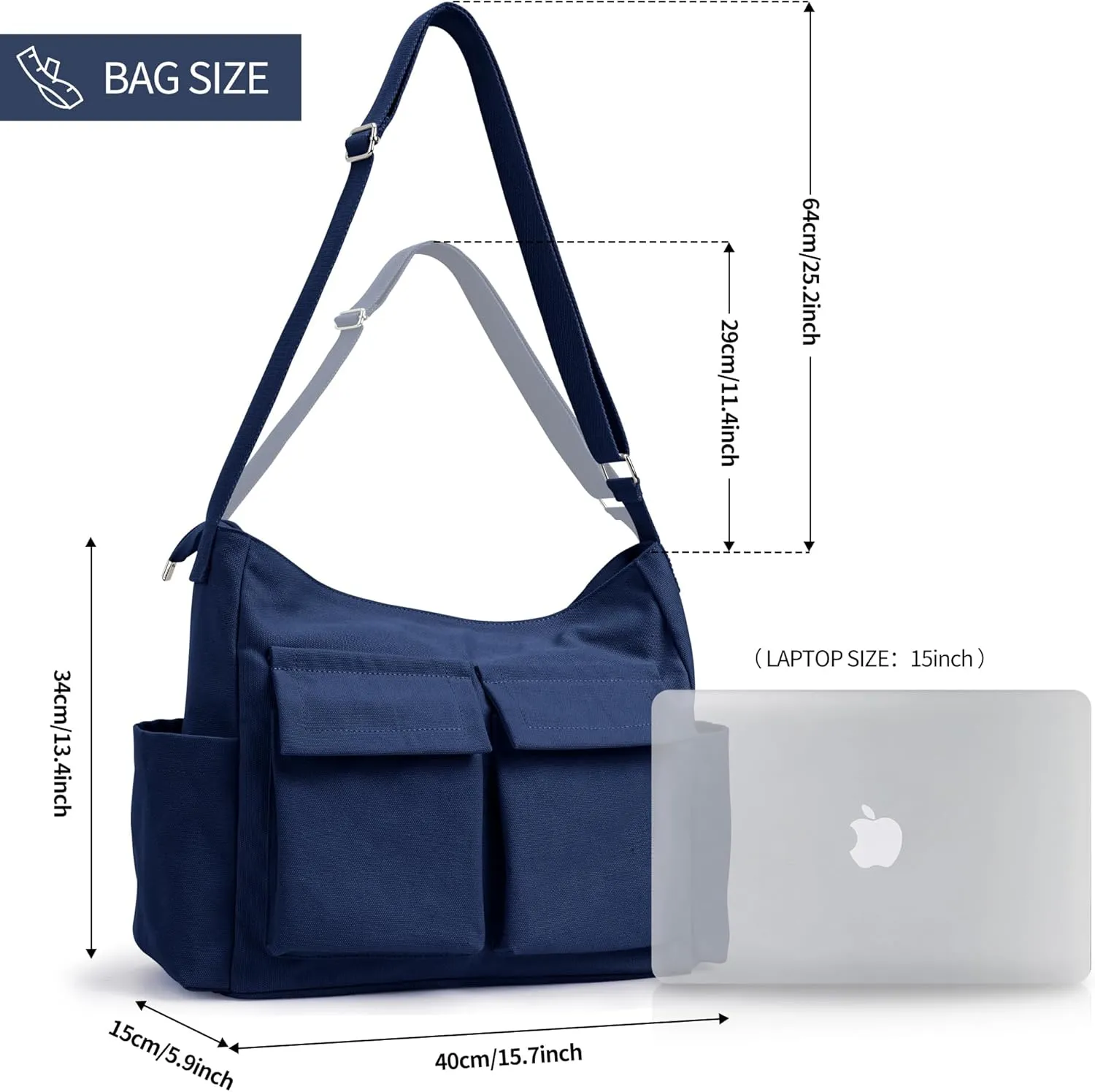 KALIDI Canvas Tote Bag Messenger Bag, Large Crossbody Bag for Women or Men, Casual Canvas Shoulder Bag for College Work Daily