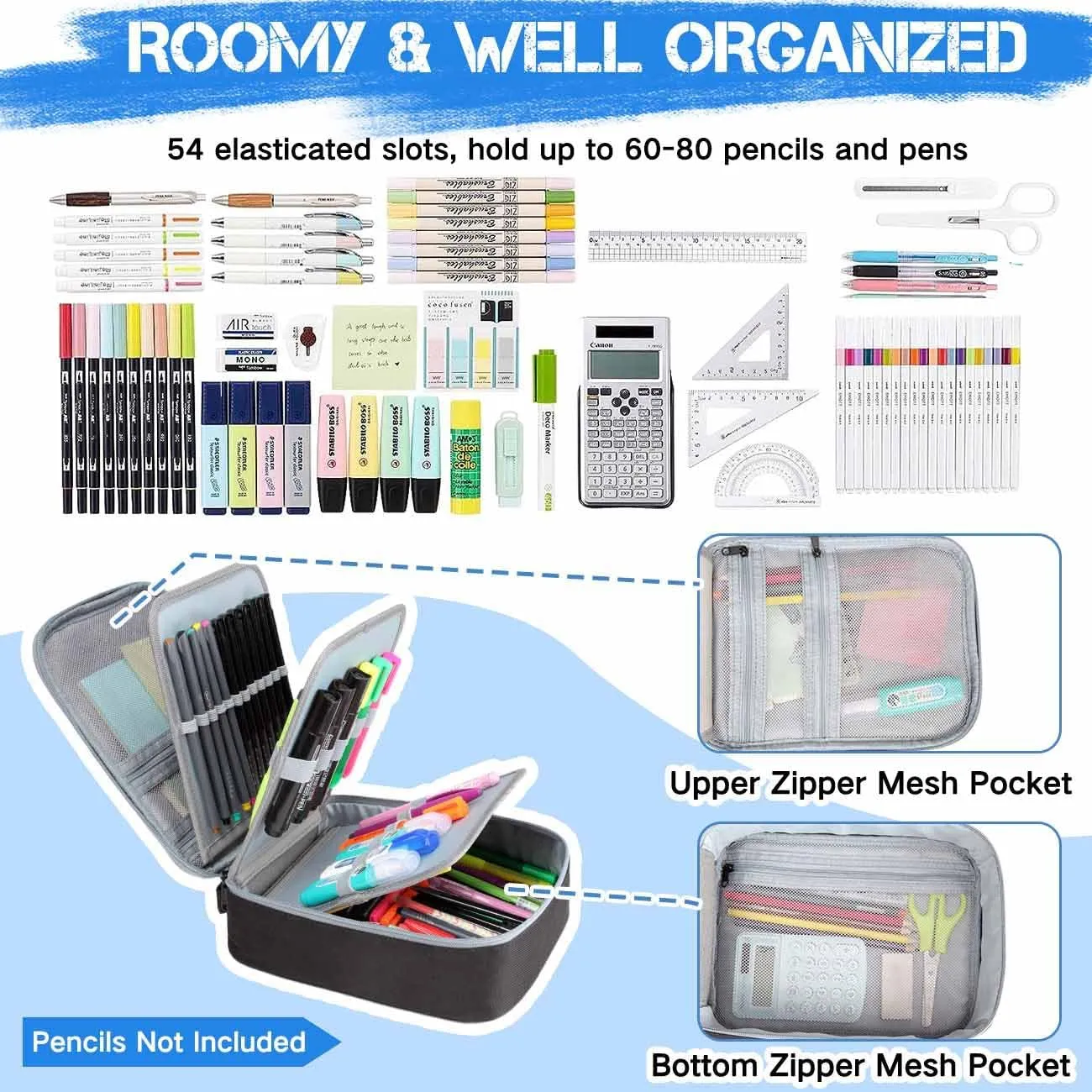 Kasqo Large Pencil Case, 54 Slots Big Capacity Portable Stationery Storage Marker Pen Pouch Bag Holder Multiple Compartment for School Office College Student Adult Teen
