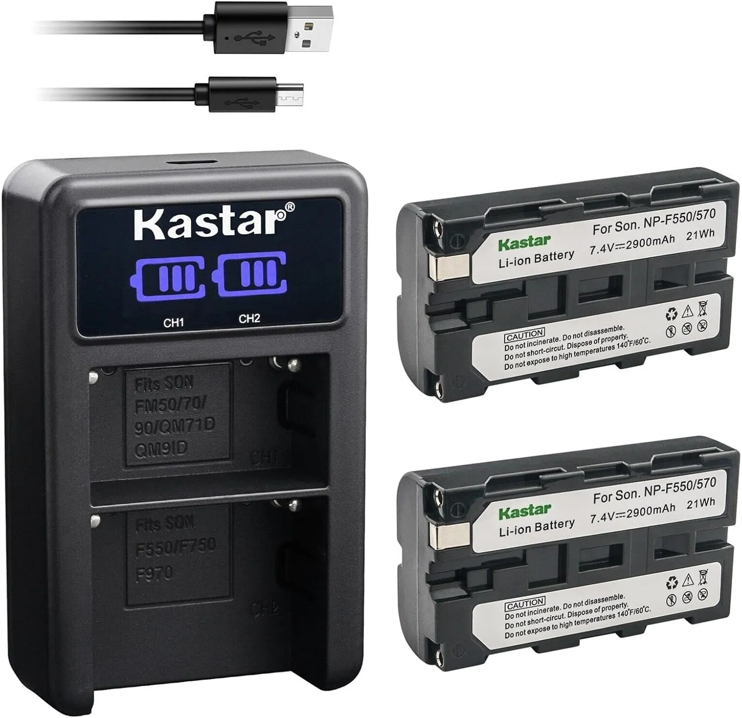 Kastar 2-Pack NP-F570 Battery and LED2 USB Charger Compatible with Neewer F100 F200 FW568 FW600 FZ200, Video Assist 3G-SDI/HDMI, SmallHD 503 702 703, Indie 7, Cine 7 Field Monitor