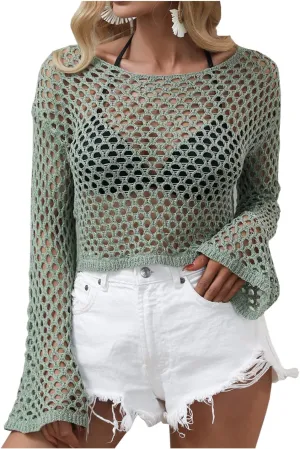 Kedera Womens Crochet Tops Long Sleeve Hollow Out Swim Cover Up Beach Bikini Swimsuit Summer Tunic Top