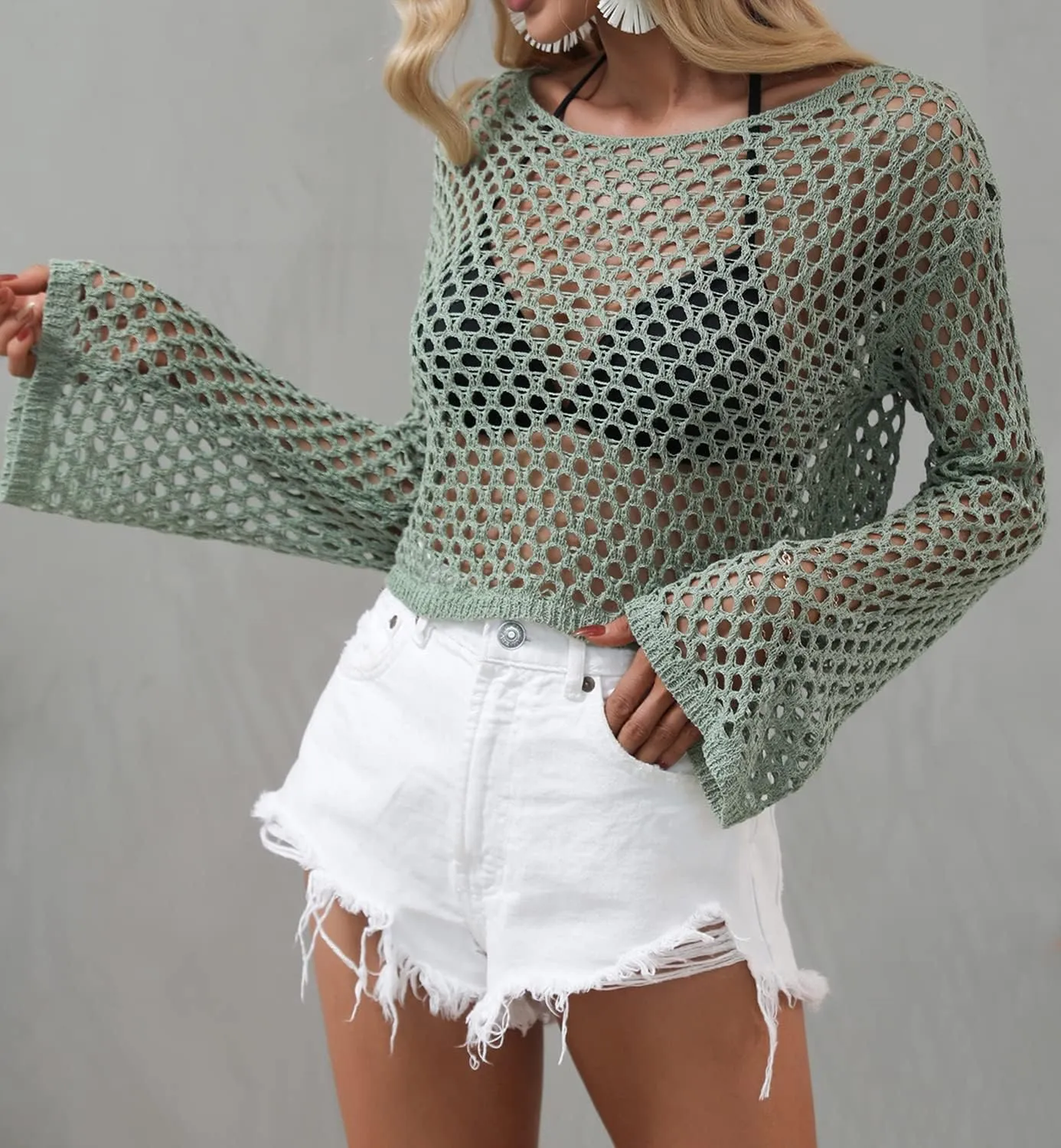 Kedera Womens Crochet Tops Long Sleeve Hollow Out Swim Cover Up Beach Bikini Swimsuit Summer Tunic Top