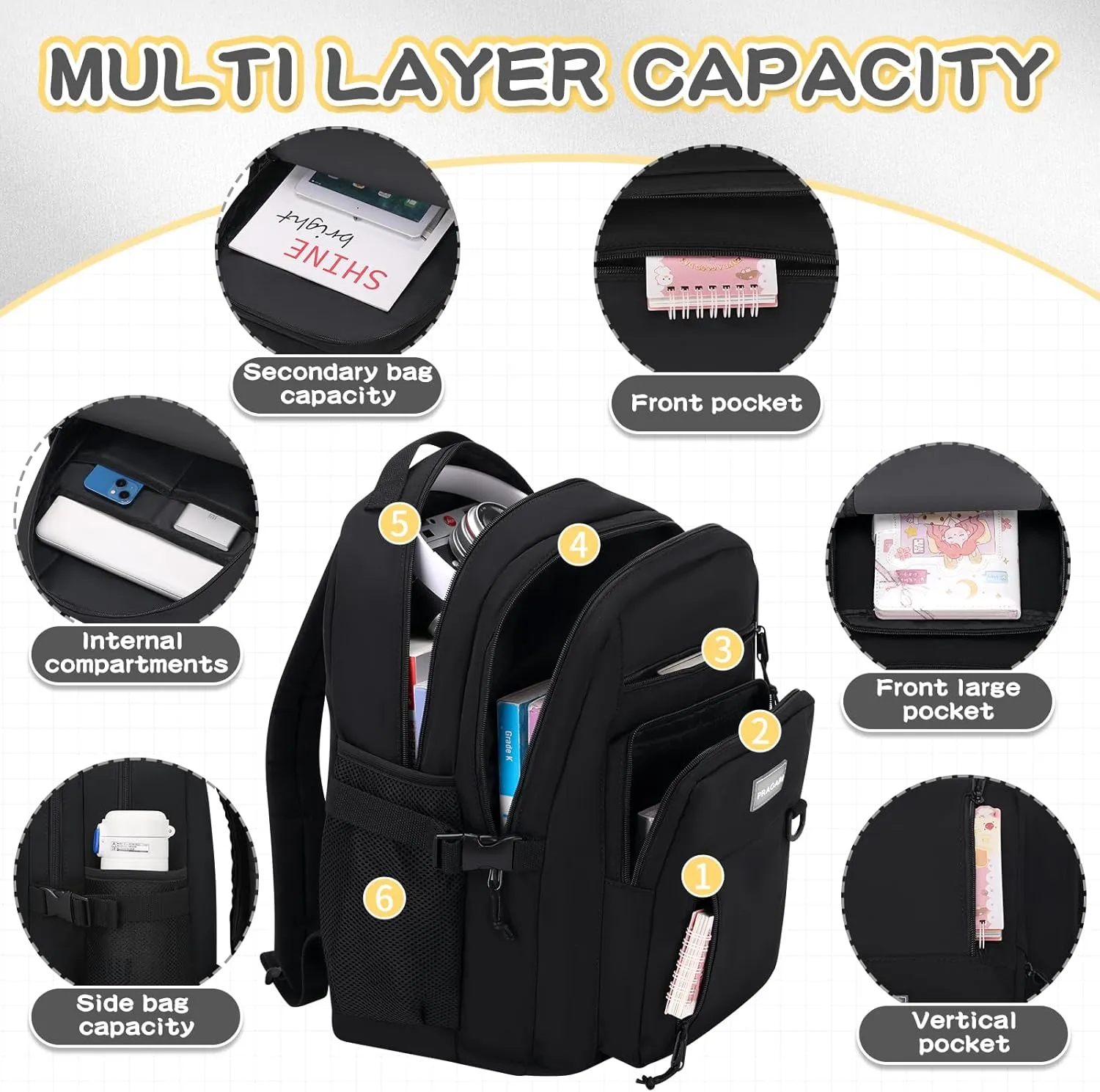 Kids Backpack for School Cute Aesthetic Black Backpack Girls Student Bookbag Women Travel Lightweight Book Bag