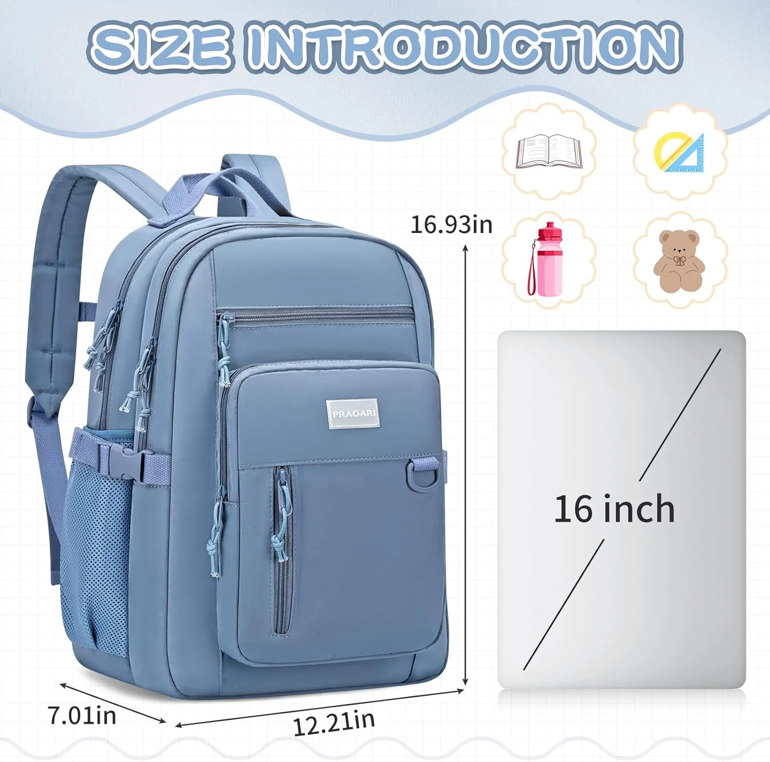 Kids Backpack for School Cute Aesthetic Blue Backpack Girls Student Bookbag Women Travel Lightweight Book Bag