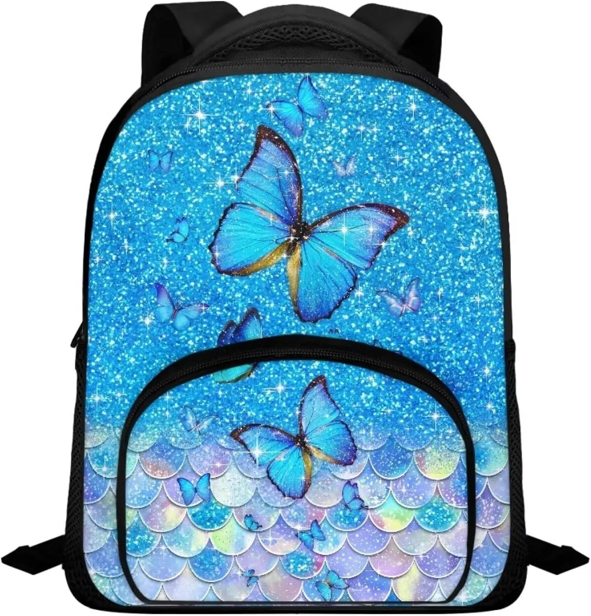 Kids School Bag Blue Butterfly Backpack for Girls Mermaid Scale Bookbag with Carrying Straps Fashion Travel Dayback for Notebooks Laptop Trendy 12 Inch School Backpack Gifts