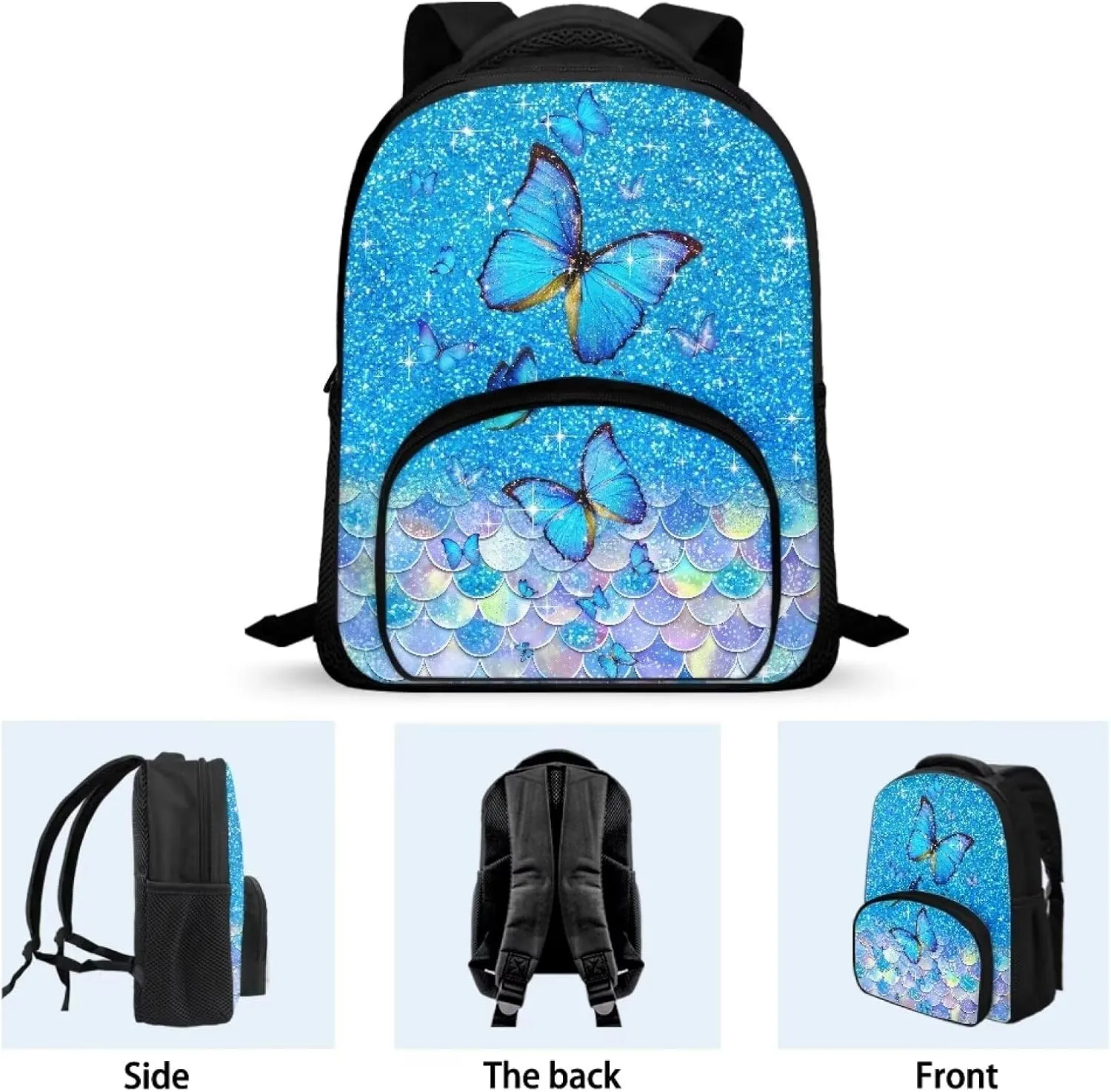 Kids School Bag Blue Butterfly Backpack for Girls Mermaid Scale Bookbag with Carrying Straps Fashion Travel Dayback for Notebooks Laptop Trendy 12 Inch School Backpack Gifts