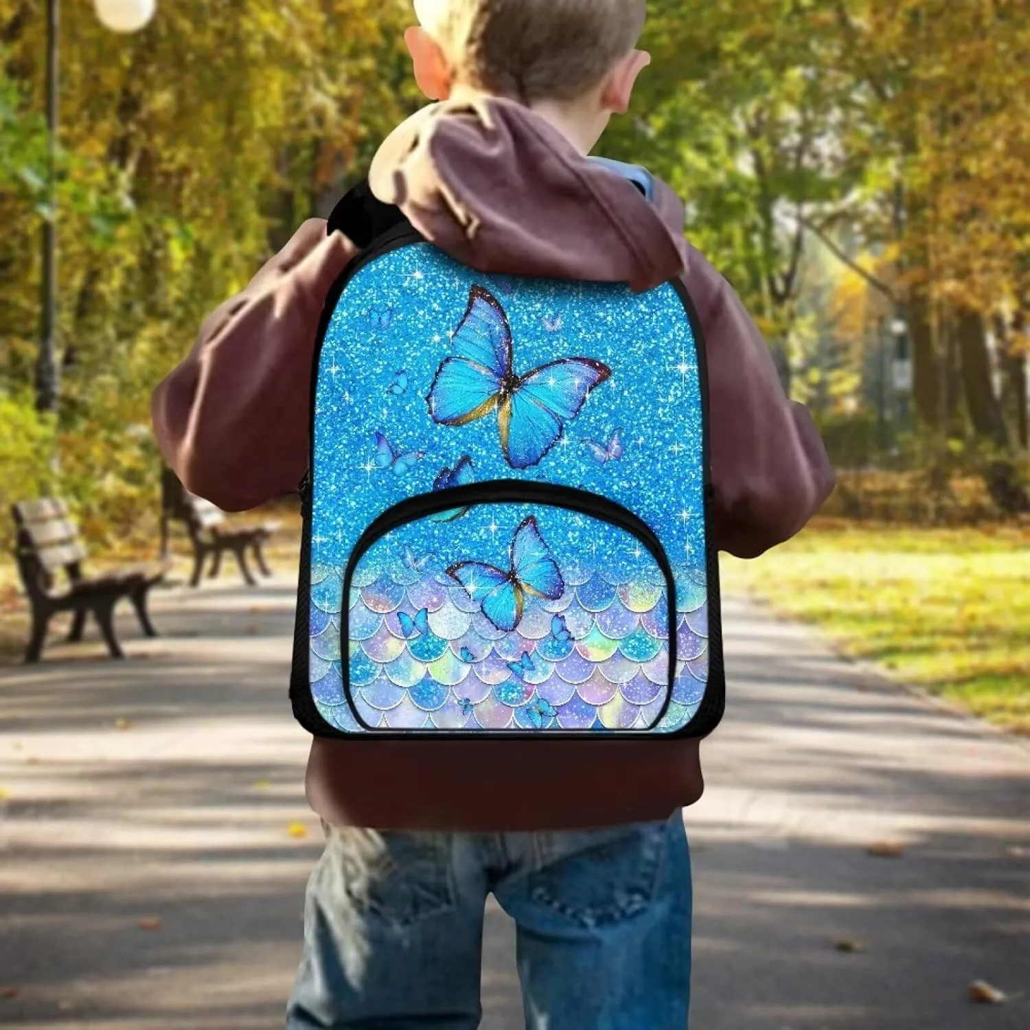 Kids School Bag Blue Butterfly Backpack for Girls Mermaid Scale Bookbag with Carrying Straps Fashion Travel Dayback for Notebooks Laptop Trendy 12 Inch School Backpack Gifts