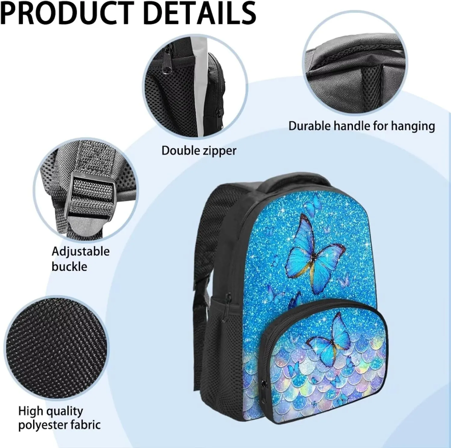 Kids School Bag Blue Butterfly Backpack for Girls Mermaid Scale Bookbag with Carrying Straps Fashion Travel Dayback for Notebooks Laptop Trendy 12 Inch School Backpack Gifts