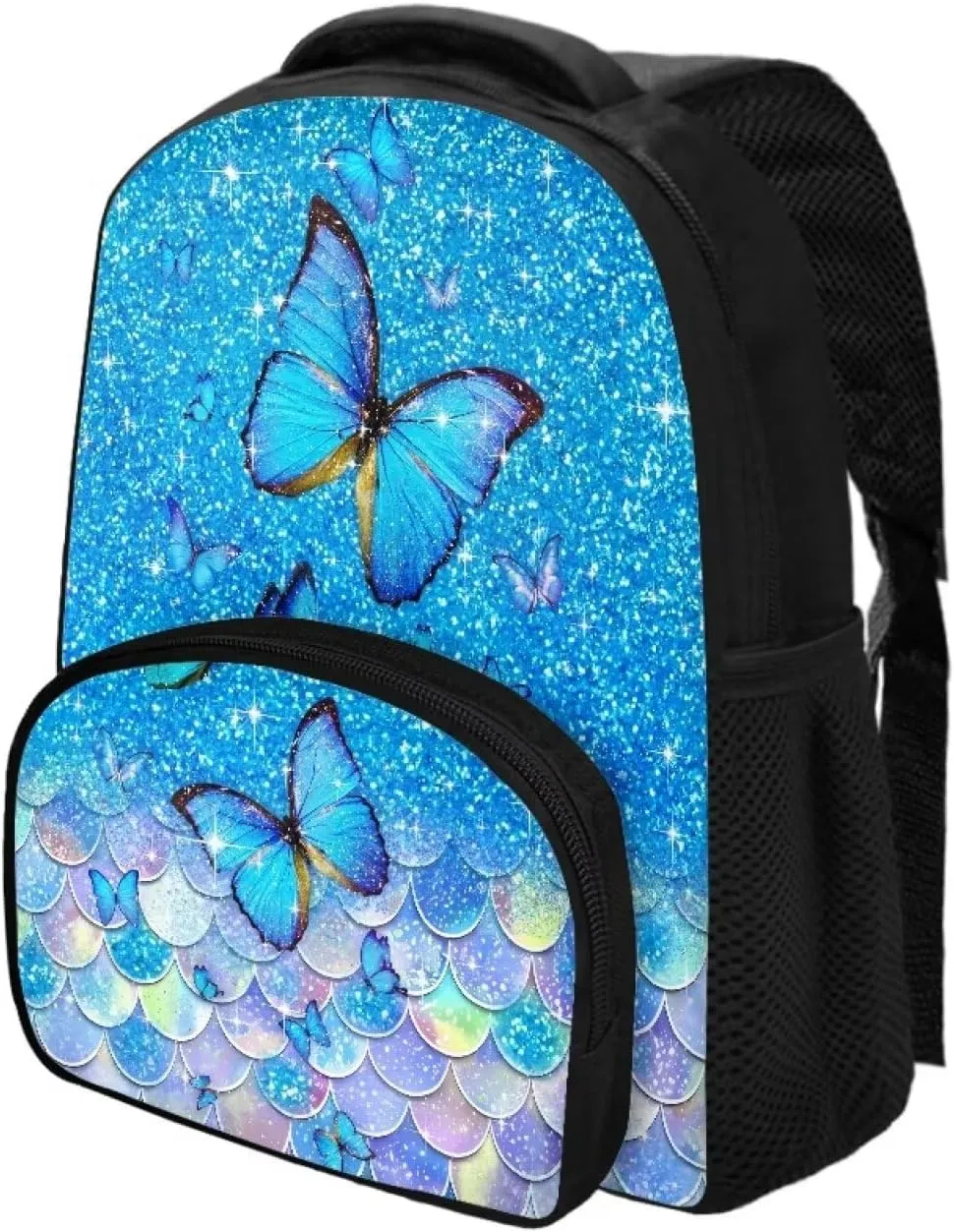 Kids School Bag Blue Butterfly Backpack for Girls Mermaid Scale Bookbag with Carrying Straps Fashion Travel Dayback for Notebooks Laptop Trendy 12 Inch School Backpack Gifts