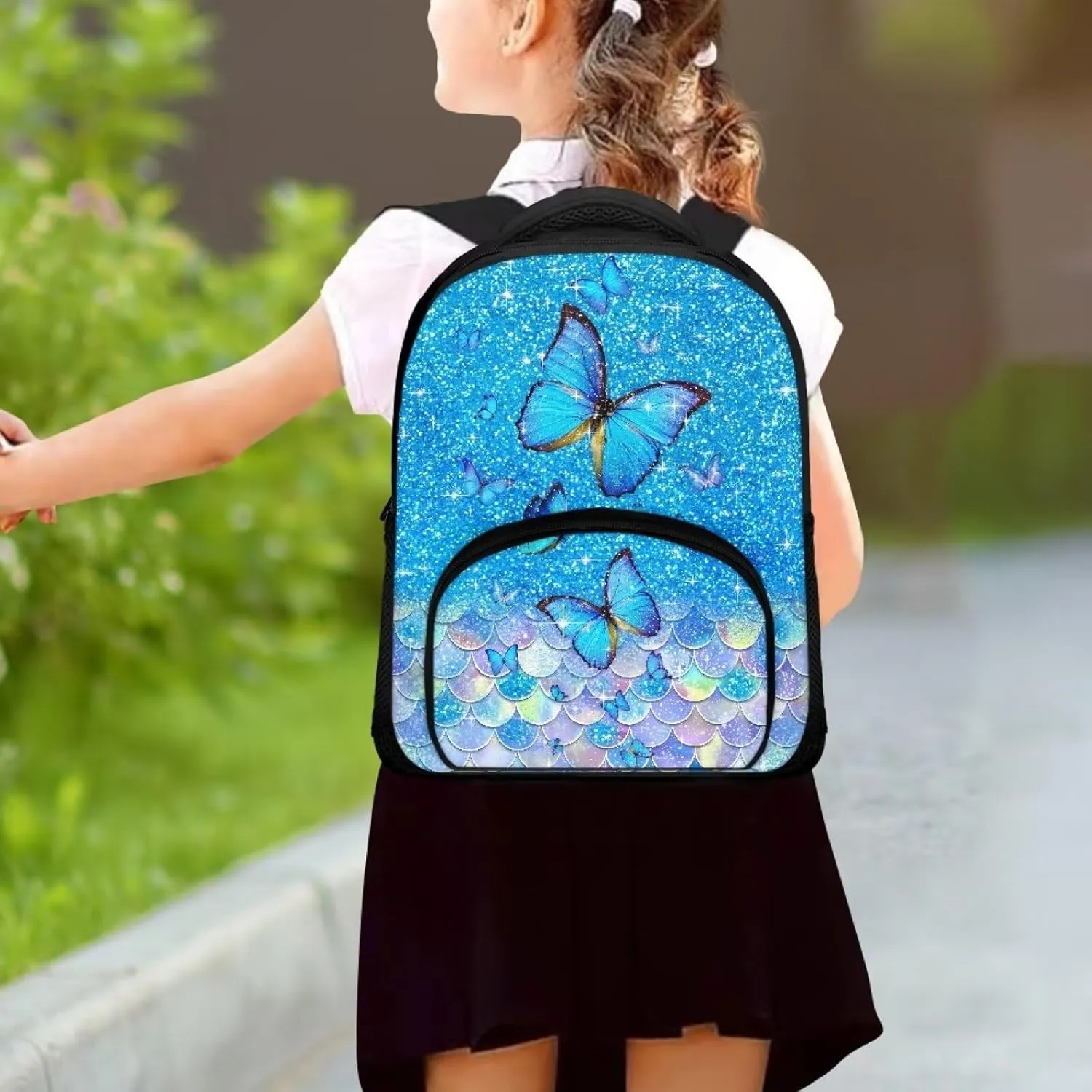 Kids School Bag Blue Butterfly Backpack for Girls Mermaid Scale Bookbag with Carrying Straps Fashion Travel Dayback for Notebooks Laptop Trendy 12 Inch School Backpack Gifts