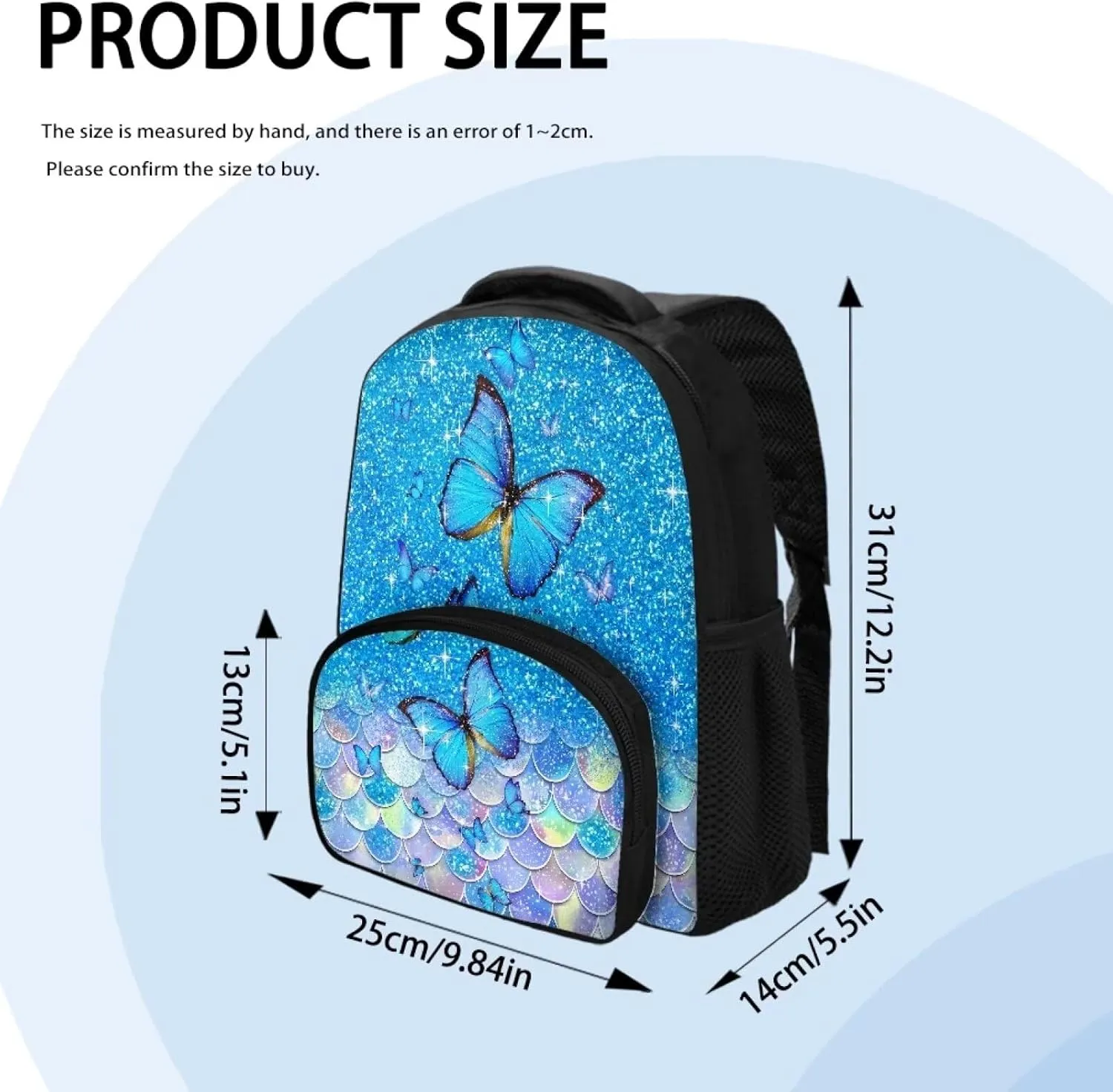Kids School Bag Blue Butterfly Backpack for Girls Mermaid Scale Bookbag with Carrying Straps Fashion Travel Dayback for Notebooks Laptop Trendy 12 Inch School Backpack Gifts