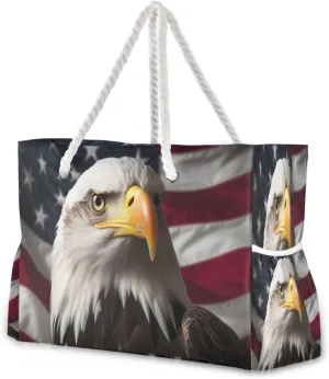 Kigai American Flag Falcon Beach Bags for Women Waterproof Sandproof Beach Tote Bag Multi-Pocket Pool Bag with Zipper for Swim Travel Gym