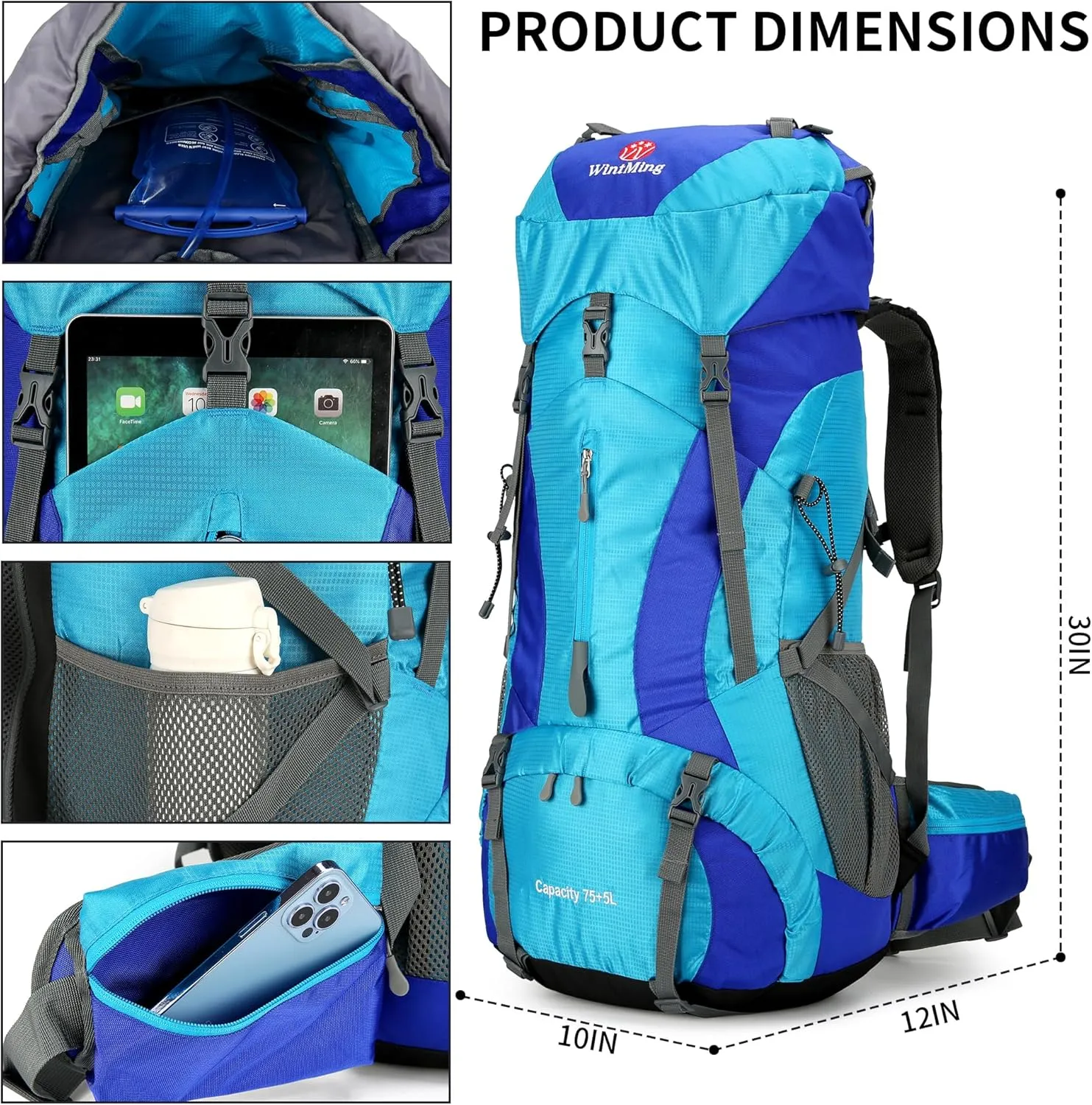 King'sGuard Hiking Backpack for Men and Women 70L 5L Waterproof Lightweight Camping Daypack with Rain Cover for Outdoor Travel Mountaineering - Frameless (Blue)