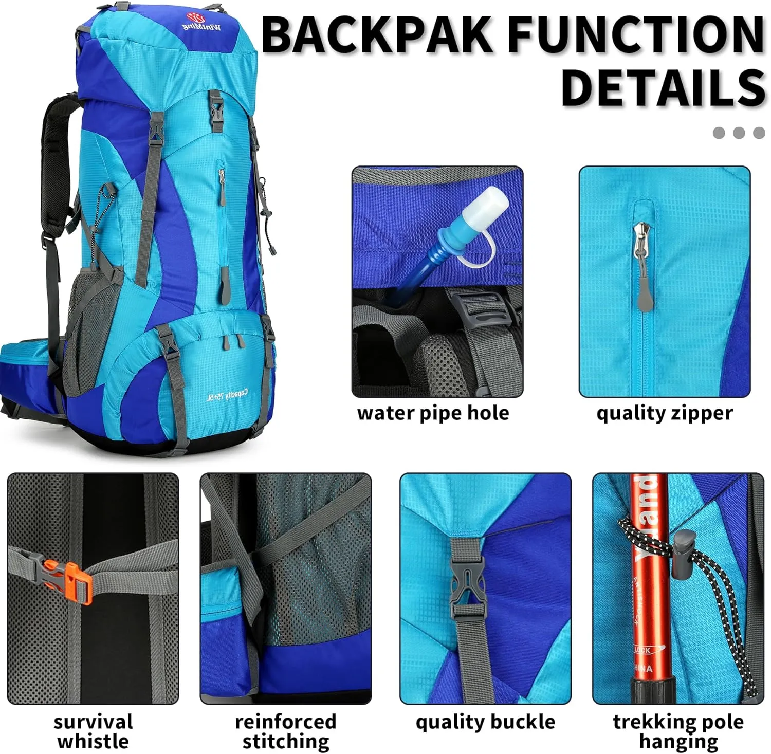 King'sGuard Hiking Backpack for Men and Women 70L 5L Waterproof Lightweight Camping Daypack with Rain Cover for Outdoor Travel Mountaineering - Frameless (Blue)