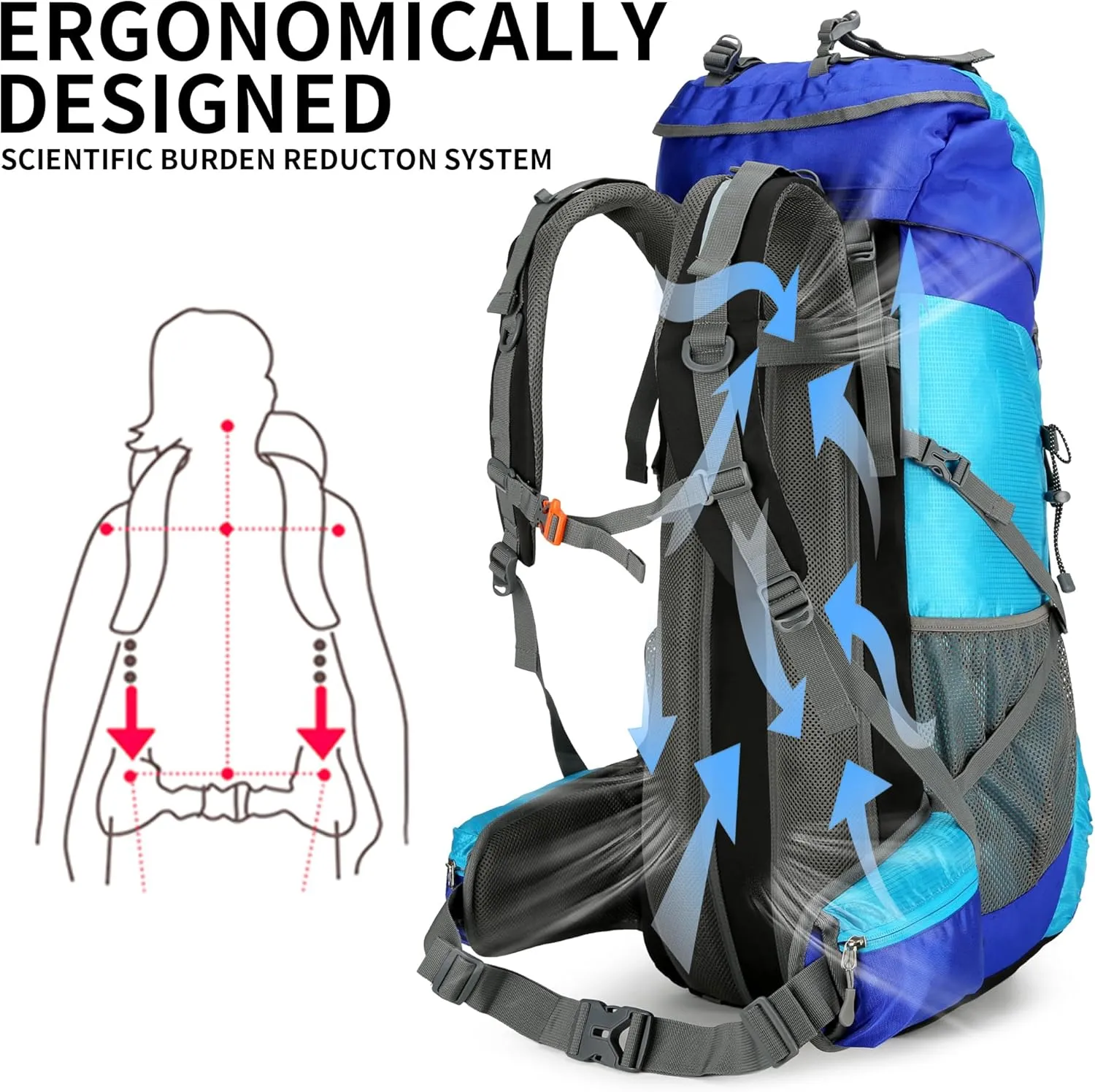 King'sGuard Hiking Backpack for Men and Women 70L 5L Waterproof Lightweight Camping Daypack with Rain Cover for Outdoor Travel Mountaineering - Frameless (Blue)