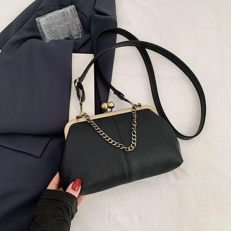 Kiss Lock Purses and Handbags for Women Kisslock Crossbody Bag Faux Leather Clutch Purse Trendy Evening Bag
