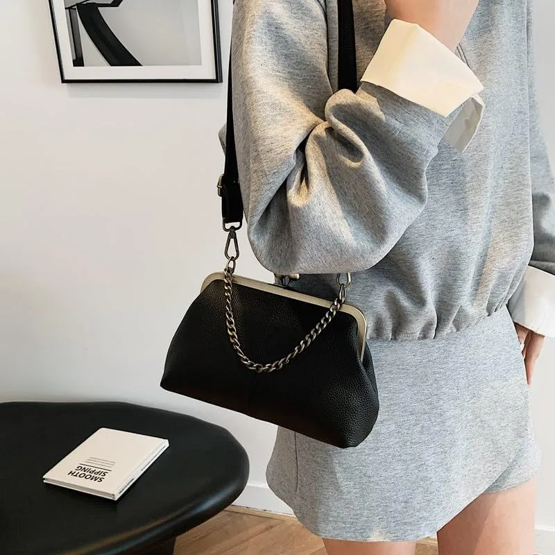 Kiss Lock Purses and Handbags for Women Kisslock Crossbody Bag Faux Leather Clutch Purse Trendy Evening Bag