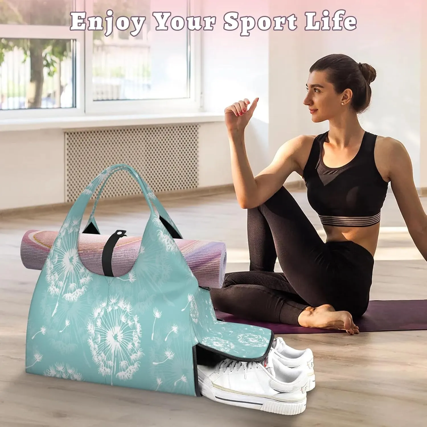 KOBLEN Yoga Gym Bags for Women Duffel Bag with Shoe Compartment and Yoga Mat Portable Weekender Bags for Pilates Travel Offices Workout Beach