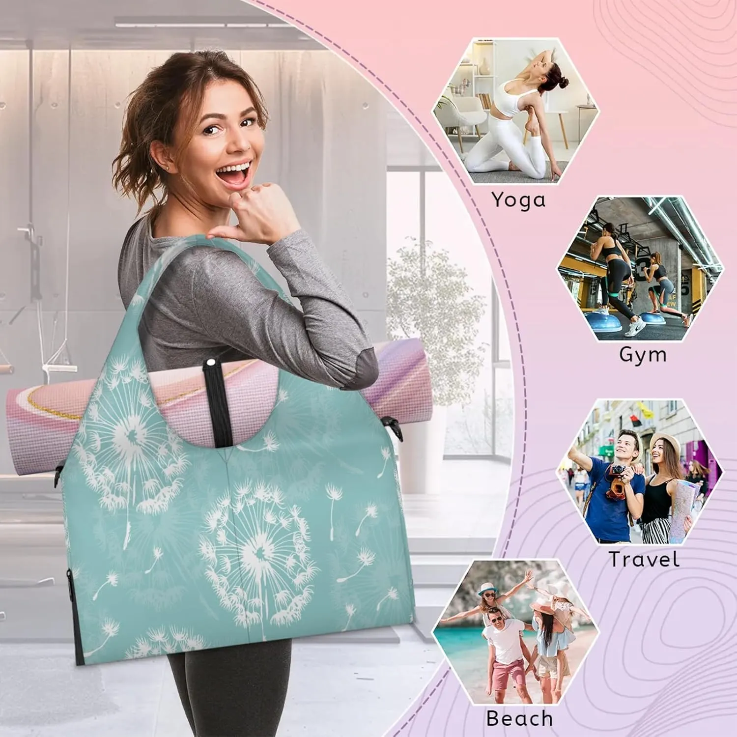 KOBLEN Yoga Gym Bags for Women Duffel Bag with Shoe Compartment and Yoga Mat Portable Weekender Bags for Pilates Travel Offices Workout Beach