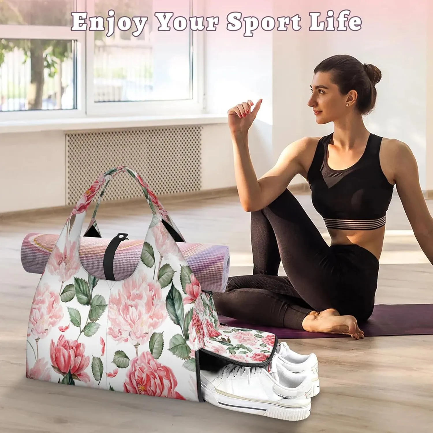 KOBLEN Yoga Gym Bags for Women Duffel Bag with Shoe Compartment and Yoga Mat Portable Weekender Bags for Pilates Travel Offices Workout Beach
