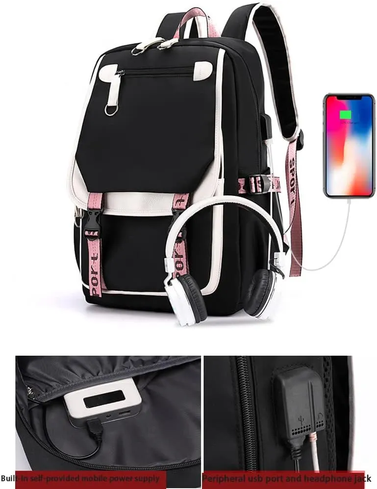Kpop Backpack Lisa Rose JISOO Jennie Shouler Bag Messenger Bag Fashion USB Charging Backpack (pink 6)