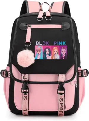 Kpop Backpack Lisa Rose JISOO Jennie Shouler Bag Messenger Bag Fashion USB Charging Backpack (pink 6)
