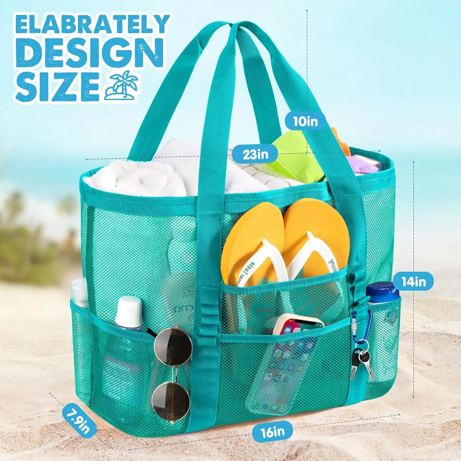 KPX Mesh Beach Bag, Large Beach Tote Bags for Women Foldable Mesh Swimming Pool Bag with Mini Pockets - Sandproof, Waterproof