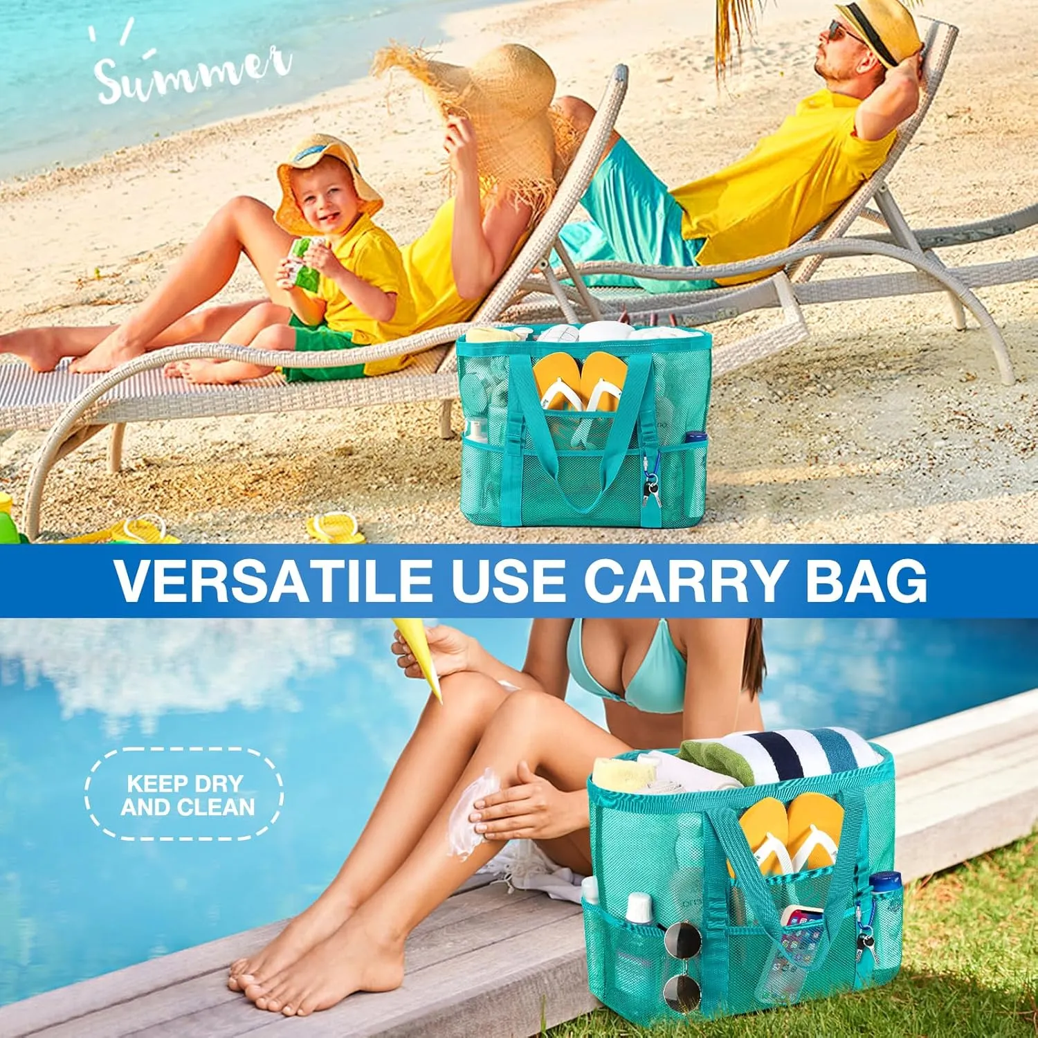 KPX Mesh Beach Bag, Large Beach Tote Bags for Women Foldable Mesh Swimming Pool Bag with Mini Pockets - Sandproof, Waterproof