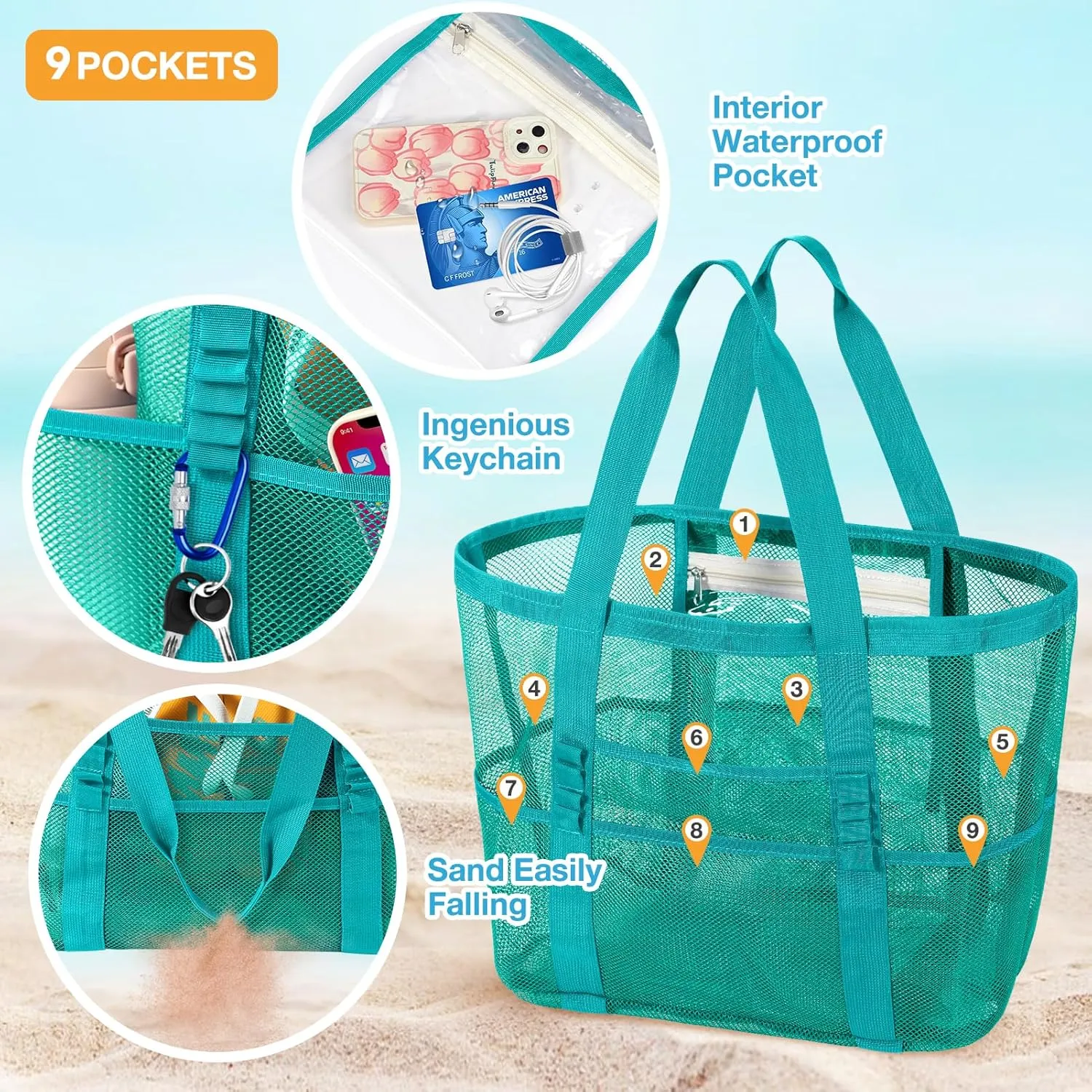 KPX Mesh Beach Bag, Large Beach Tote Bags for Women Foldable Mesh Swimming Pool Bag with Mini Pockets - Sandproof, Waterproof
