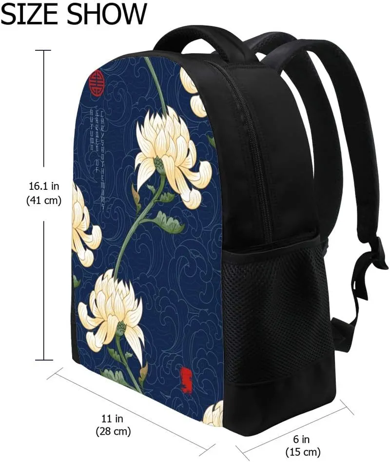 Kuizee Backpack Daypack Vintage chrysanthemums Oriental Traditional Style Dark Blue Casual Bags Durable Polyester College School Travel 11×16Inch