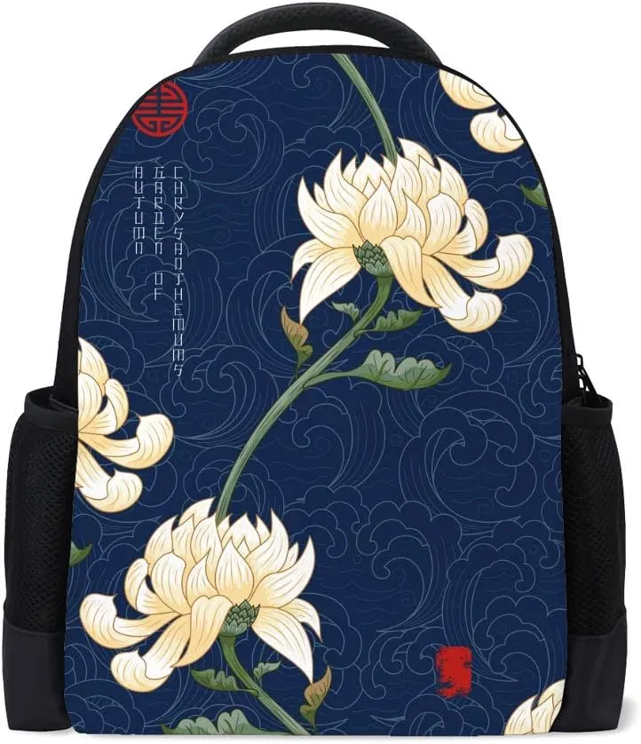 Kuizee Backpack Daypack Vintage chrysanthemums Oriental Traditional Style Dark Blue Casual Bags Durable Polyester College School Travel 11×16Inch
