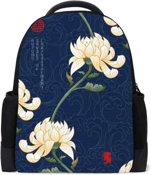 Kuizee Backpack Daypack Vintage chrysanthemums Oriental Traditional Style Dark Blue Casual Bags Durable Polyester College School Travel 11×16Inch