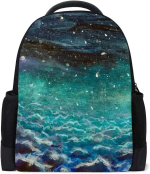 Kuizee Classic Backpack Schoolbag Adjustable Padded Shoulder Straps Daypack ﻿Watercolor Night Starry Sky Cosmos Above Clouds Casual Bags Durable College Daily 16Inch