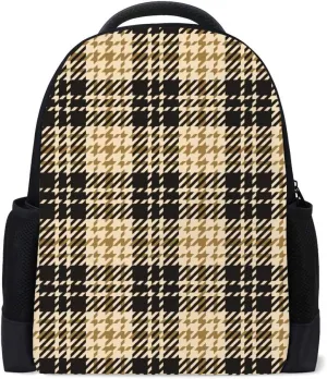 Kuizee School Bag Backpack Daypack ﻿Classical Beige Check Plaid Glen Book Bag Casual Bags Durable College School Travel Daily 16Inch