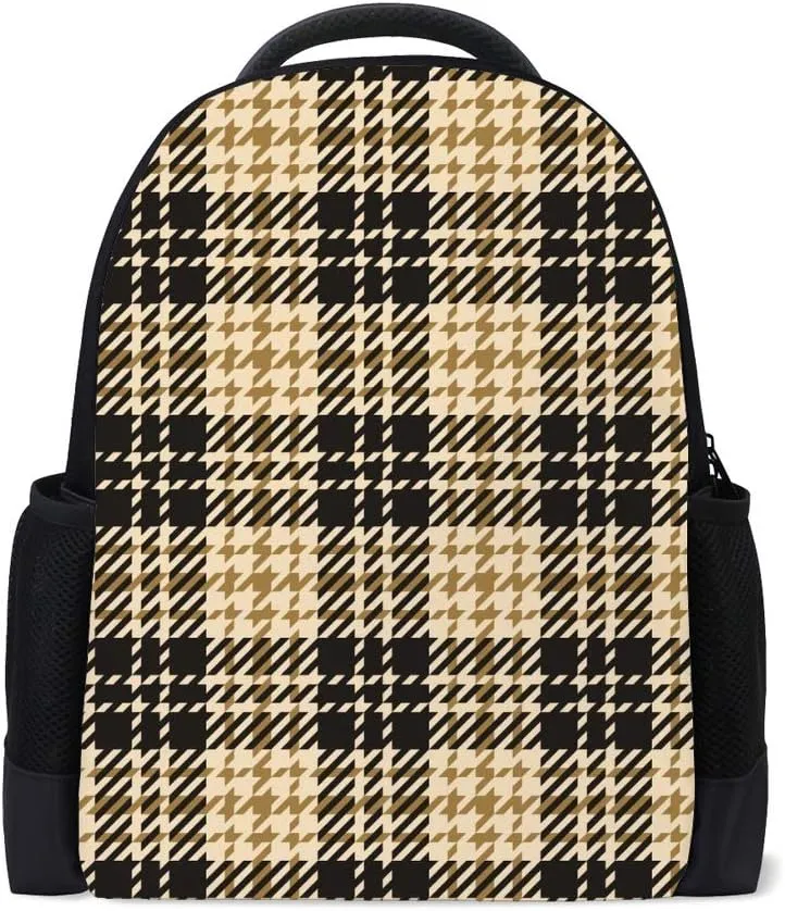 Kuizee School Bag Backpack Daypack ﻿Classical Beige Check Plaid Glen Book Bag Casual Bags Durable College School Travel Daily 16Inch
