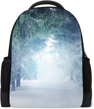 Kuizee School Bag Backpack Daypack ﻿Winter Fog Forest Cedar Wolf Landscape Book Bag Casual Bags Durable College School Travel Daily 16Inch