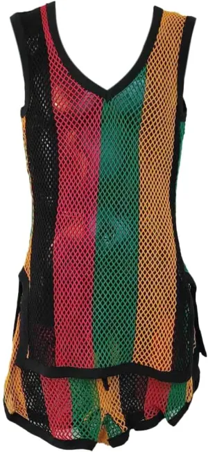Ladies/Girls Knitted Multicolour Cotton Mesh Long V-neck Tank Top and Short Set, Hip-Hop Dance, Beach Outfits