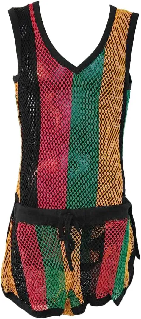 Ladies/Girls Knitted Multicolour Cotton Mesh Long V-neck Tank Top and Short Set, Hip-Hop Dance, Beach Outfits