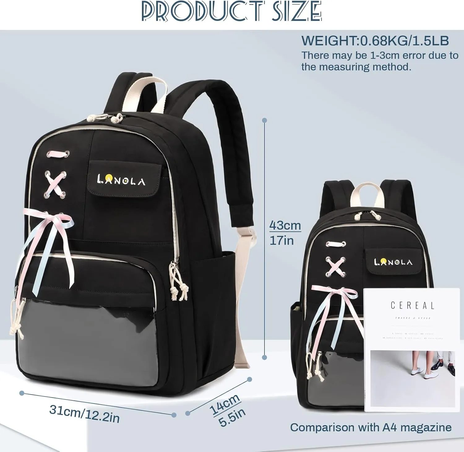Lanola Teen Girl School Backpack Casual Daypack Bookbag Elementary College Travel Backpack with Cute Ribbon for Girls
