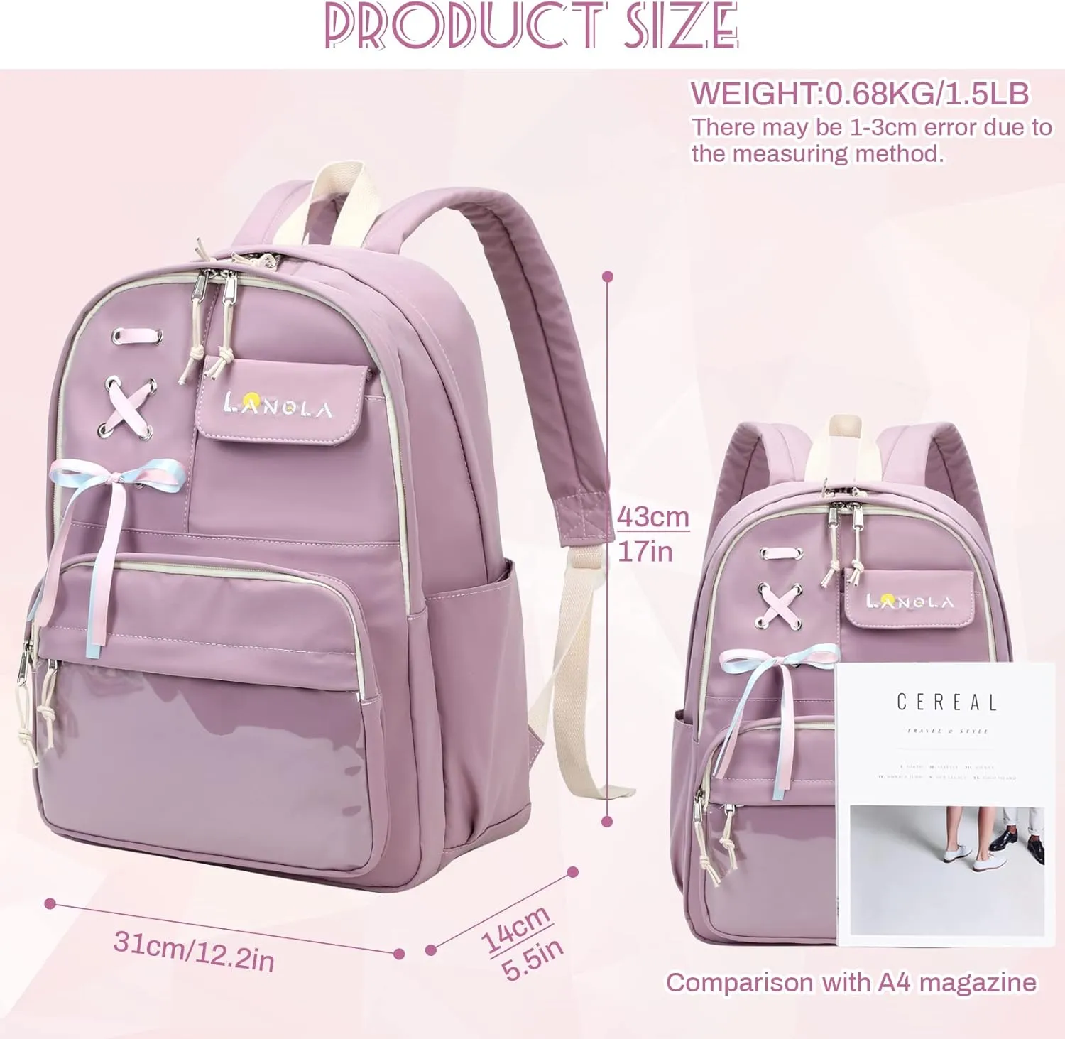 Lanola Teen Girl School Backpack Casual Daypack Bookbag Elementary College Travel Backpack with Cute Ribbon for Girls