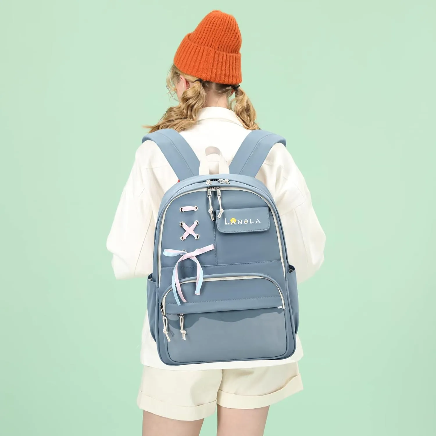 Lanola Teen Girl School Backpack Casual Daypack Bookbag Elementary College Travel Backpack with Cute Ribbon for Girls