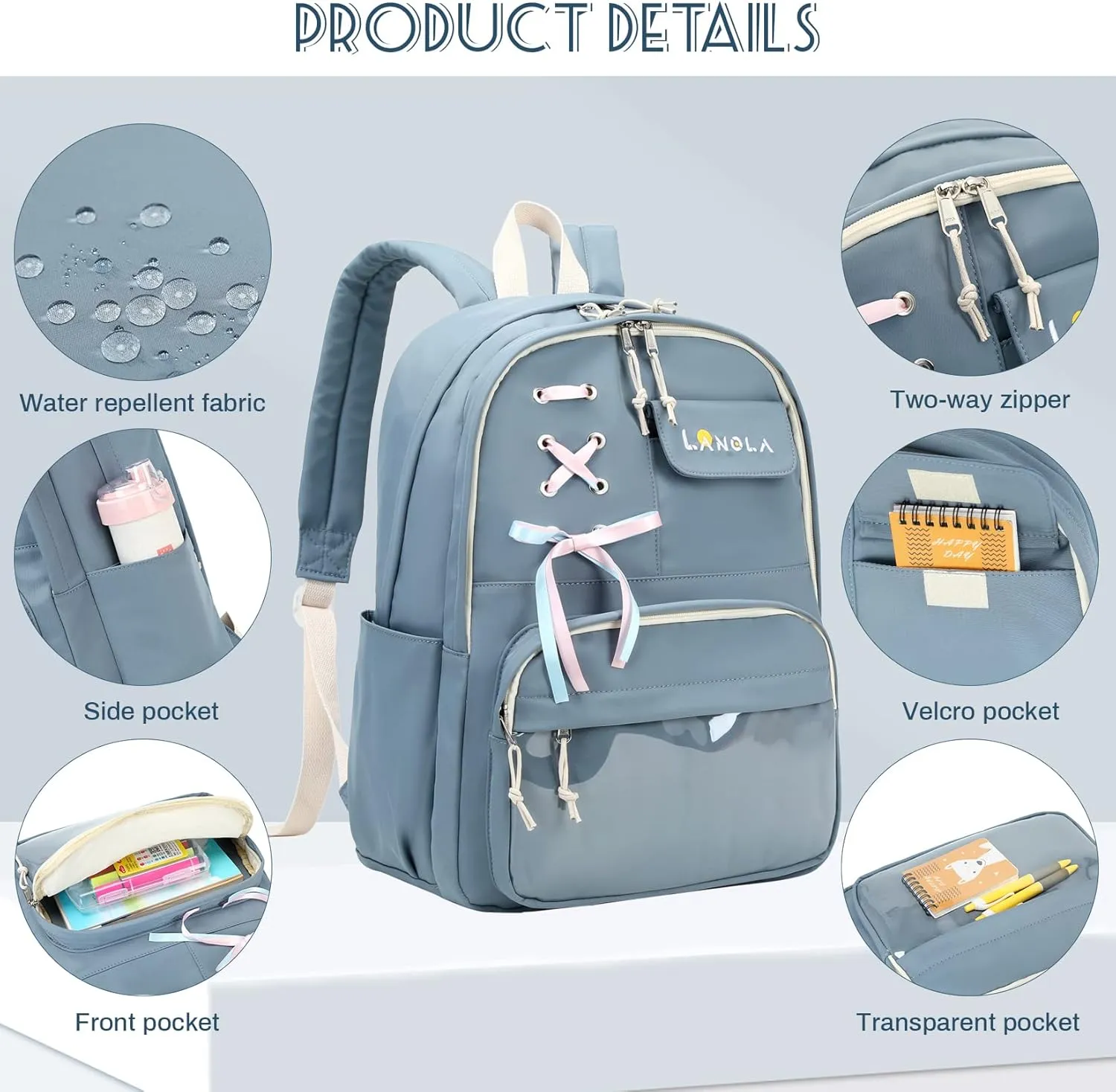 Lanola Teen Girl School Backpack Casual Daypack Bookbag Elementary College Travel Backpack with Cute Ribbon for Girls