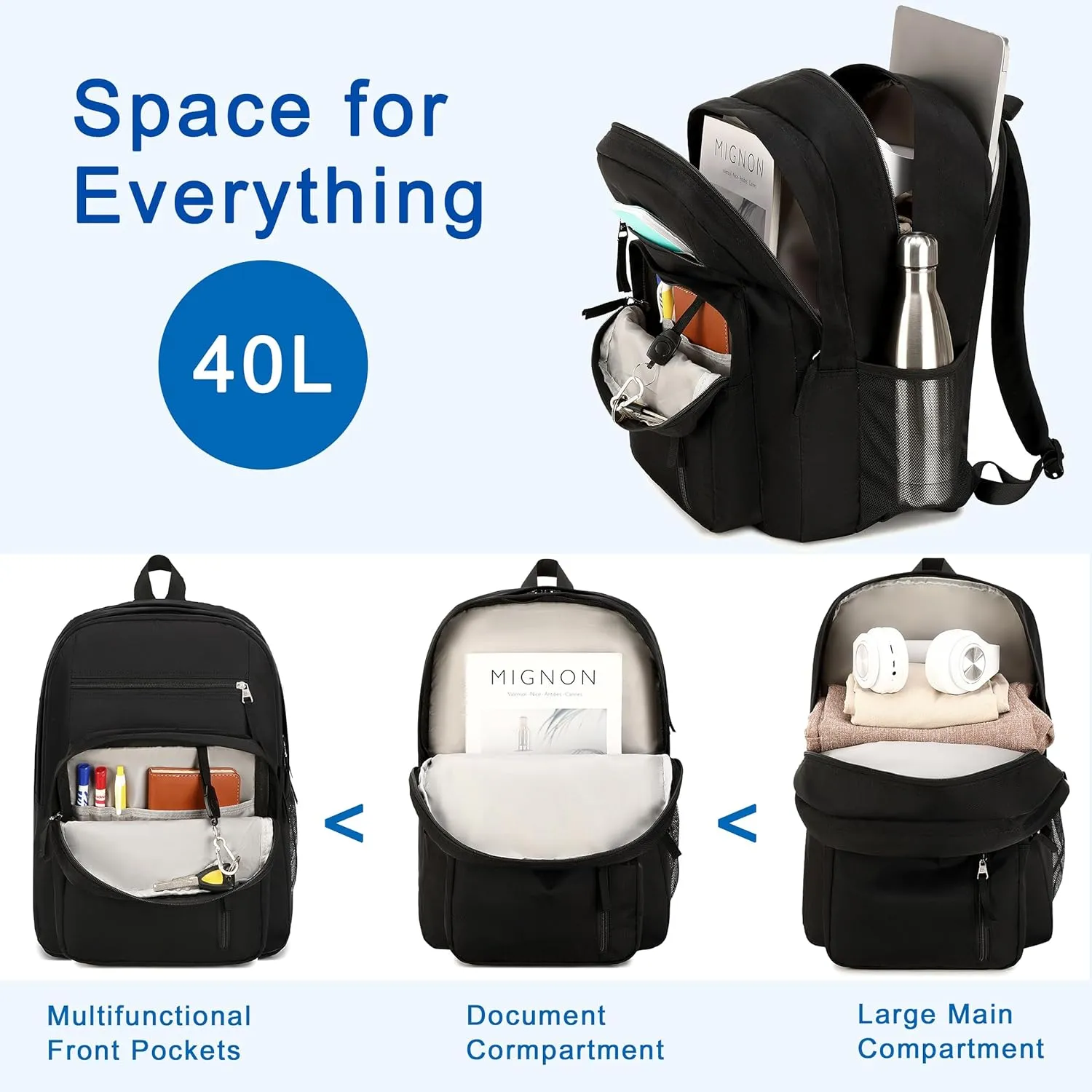 Laptop Backpack 17 inch for Women Men Large College Bookbags Waterpoof Work Business Travel Backpacks Kids School Bag for Girls Boys Students Teens Elementary Schoolbag Casual Daypack Sport -Black