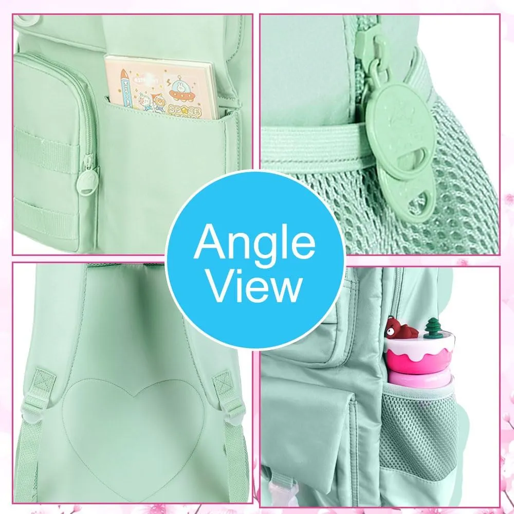 Laptop Backpack for Girls Women,15.6" Cute Aesthetic Computer Water Resistant Anti Theft College School Bookbag Set for Teens Girls Students - Green